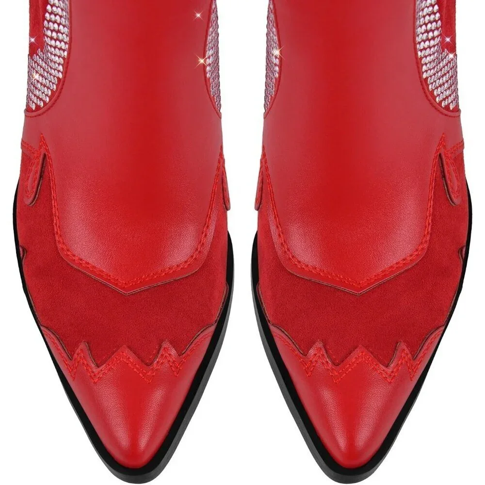 Women Faux Suede Red Rhinestone Embellished  Pointed Toe Knee High Western Boots